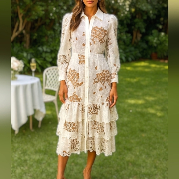 NWT Elliatt Kew White Lace Embroidered Button Down Long Sleeve Dress Size M - Picture 1 of 10